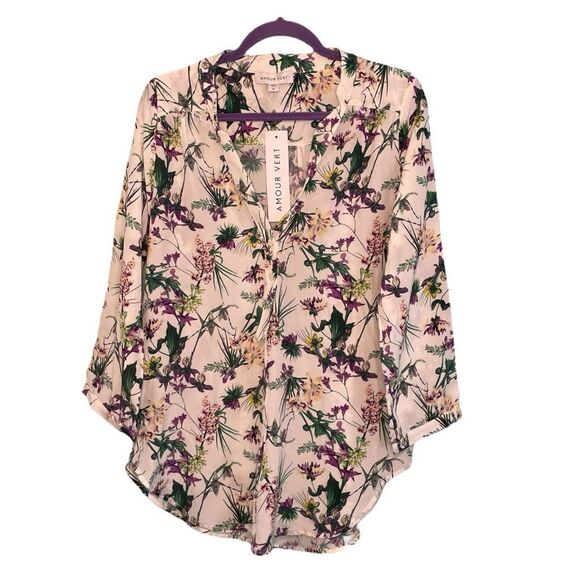 Amour Vert Amy Tropez Floral Print 100% Silk Blouse M - Picture 1 of 8